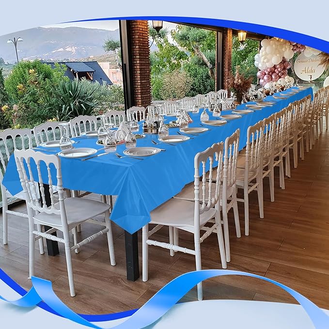Goodluck 54 Inch X 300 Feet Plastic Table Cloths with Cutter Box, Blue Disposable Table Cover Roll, Plastic Tablecloth for Party, Banquet, Wedding, Birthday, Anniversary