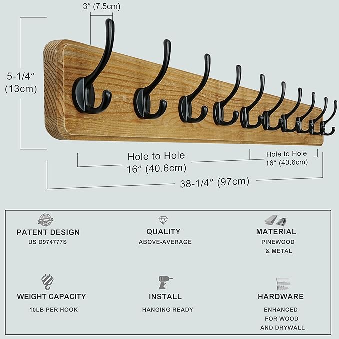 Dseap Coat Rack Wall: 38-1/4" Long, Patented, Heavy-Duty, 10-Double-Hooks Wooden Wall Mounted Coat Rack Coat Hanger Hook Rail for Winter Coats Hat Jacket Clothing, Weathered Brown