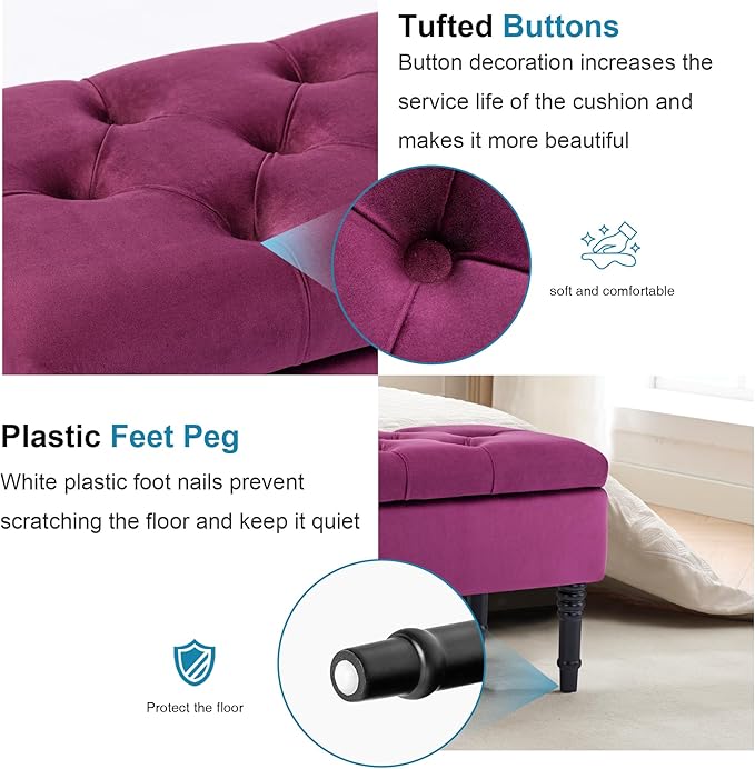Ottoman with Storage Velvet Storage Bench Holds Up to 500 lbs Ottomans Upholstered Bench with Seating for Bedroom, Living Room, Purple