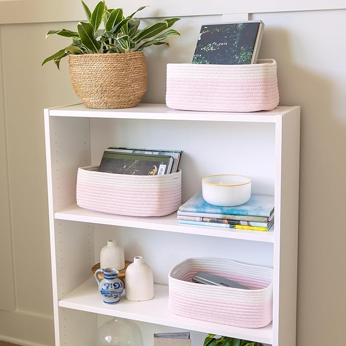 NaturalCozy 13.5”x8.5”x5.5” Rectangle Storage Baskets for Shelves 3 Pack | Cotton Rope Woven Small Baskets for Organizing | Small Storage Bins for Nursery, Bathroom, Closet, Shelf, Decorative