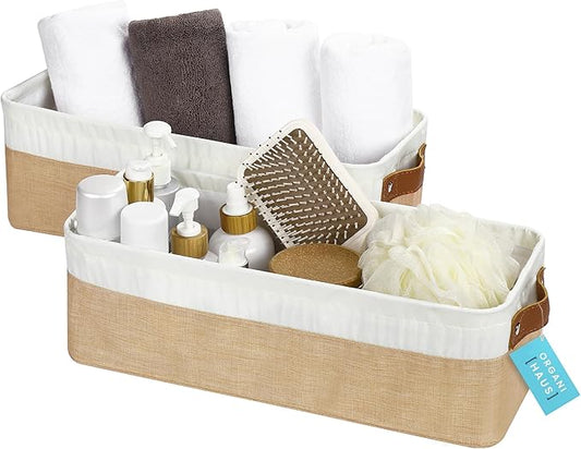 OrganiHaus Narrow Storage Bins 15x06in, Small Closet Bins for Shelves, Bathroom Storage Baskets for Shelves, Narrow Baskets, Fabric Organizer with Handles, Toilet Paper Organizer - 2 Pack, Beige