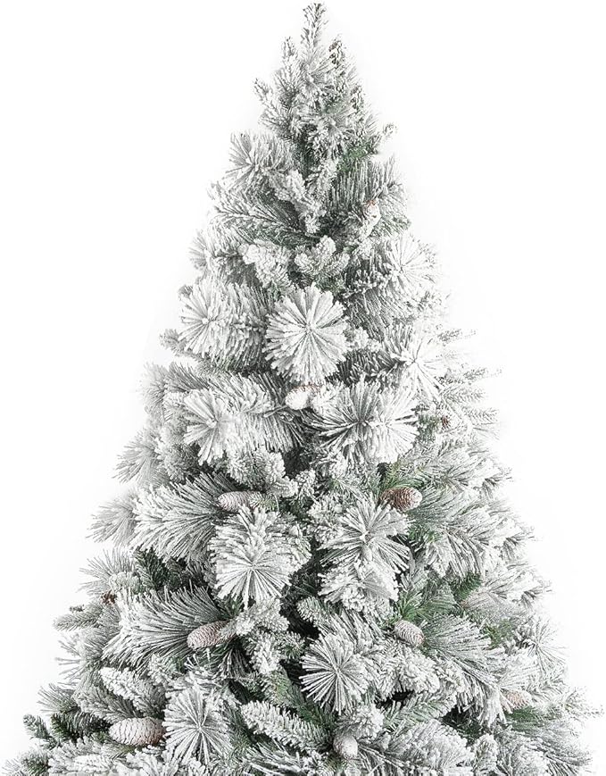 Glasgow 6.5ft Frosted Prelit Artificial Christmas Tree with Pine Cones, Foot Pedal, 1040 Branch Tips, 650 Warm Lights & Metal Stand, 56" Wide Realistic Snow Flocked Pine Christmas Tree with Lights