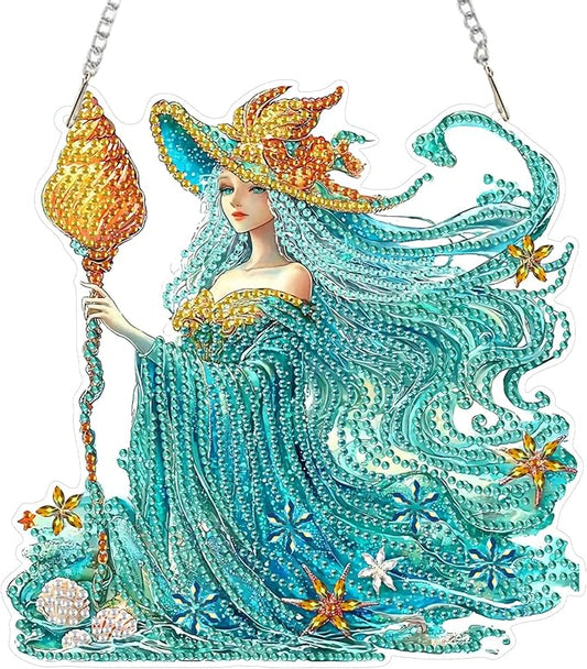 SENQAO Fairy Diamond Art Hanging Kit for Adult, Special Shaped Rhinestone, Double Sided DIY Acrylic Diamond Art Painting Window Pendants Home Garden Wall Hanging Kits Hanging Ornament (Shell Witch)