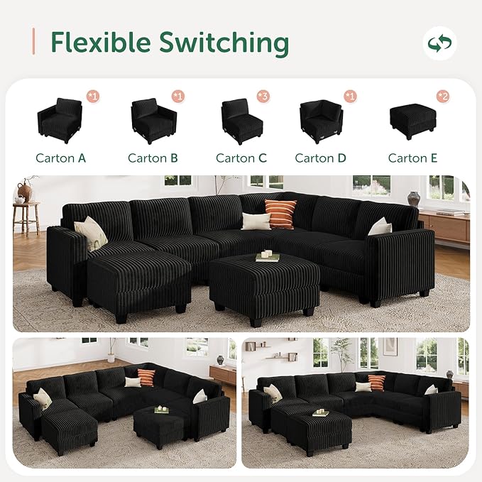 HONBAY Corduroy Sectional Couch with Storage U Shaped Sectional Sofa Modular Sectional Couches for Living Room, Black