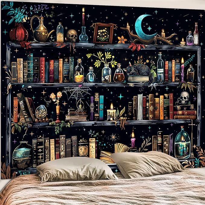 Accnicc Magic Bookshelf Tapestry Magical Witchy Potion Dark Hippie Haloween Tapestries Wall Hanging Gothic Skull Black Cat Library Book Tapestry for Bedroom Living Room Dorm 80 x 60 inch