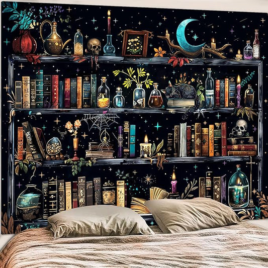 Accnicc Magic Bookshelf Tapestry Magical Witchy Potion Dark Hippie Haloween Tapestries Wall Hanging Gothic Skull Black Cat Library Book Large Tapestry for Bedroom Living Room Dorm 90 x 68 inch