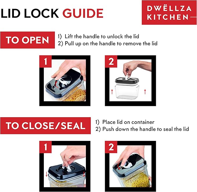 DWËLLZA KITCHEN Large Airtight Food Storage Containers - Clear Plastic Bulk Food Pantry & Kitchen Storage Containers for Flour, Sugar and Baking Supplies 4 Pcs. BPA-Free, Keeps Fresh & Dry (Black)