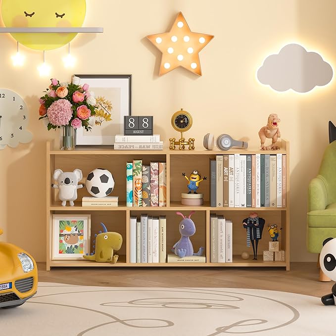 Book Shelf Set of 2, 5 Cubes Storage Organizer, Open Shelf Wooden Bookcase, Freestanding Log Bookshelf Cube Shelf for Bedroom, Living Room, Home Office