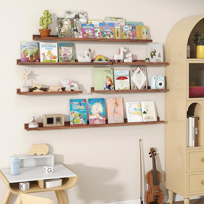 Fun Memories Picture Ledge Shelves Set of 2, 55 Inch Rustic Wall Mounted Floating Shelves with Lip for Home Storage and Décor in Bathroom, Kitchen, Nursery, Bedroom, Living Room, Walnut