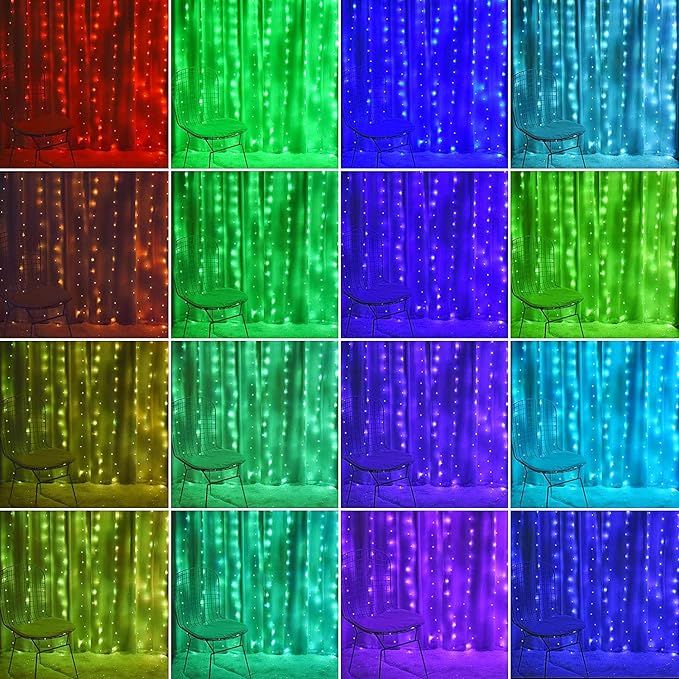 Fairy Curtain Lights - 16-Color Changing String Lights with Remote, 4 Lighting Modes, Ideal for Christmas, Weddings, Parties, Room Decor - Rainbow Backdrop