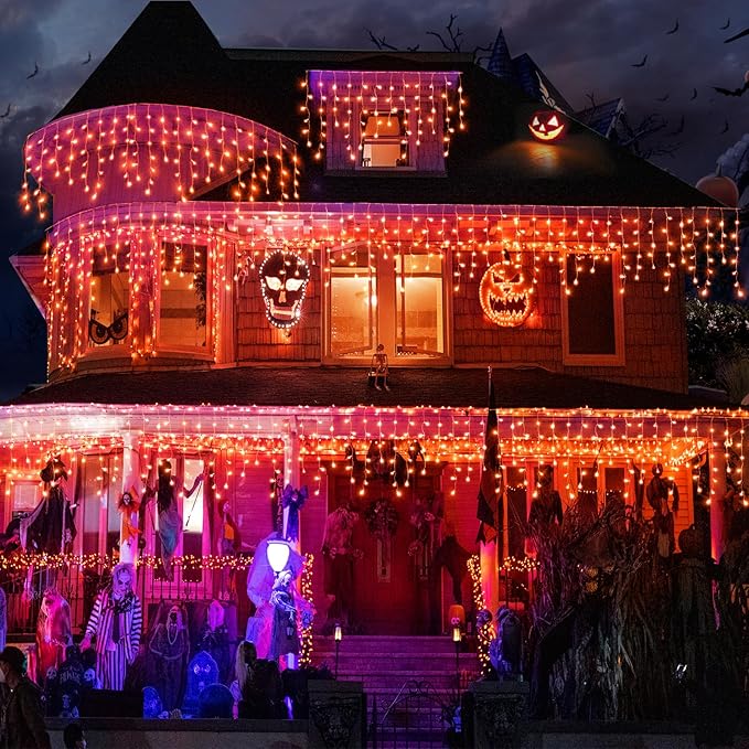 Orange Halloween Lights Outdoor, 33FT 400 LED Icicle Lights for Outside with 8 Modes Waterproof, Plug in Connectable Twinkle String Light for Indoor House Yard Patio Party Holiday Decorations