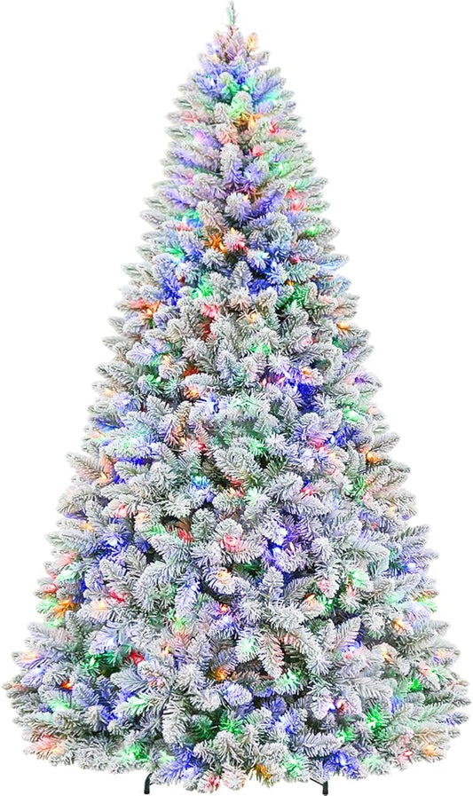7.5ft Lighted Snow Flocked Christmas Tree, 450 Multicolor LED Lights, Artificial Christmas Tree with 1446 Branch Tips, Metal Stand & Hinged Branches for Decoration, 10 Modes