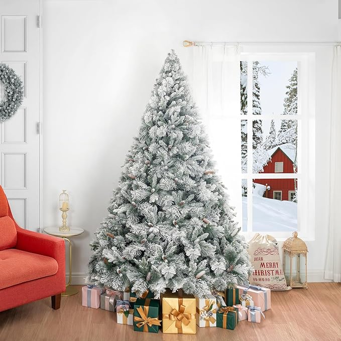 Glasgow 6.5ft Frosted Prelit Artificial Christmas Tree with Pine Cones, Foot Pedal, 1040 Branch Tips, 650 Warm Lights & Metal Stand, 56" Wide Realistic Snow Flocked Pine Christmas Tree with Lights