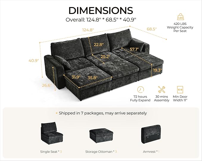 Oversized Modular Sofa Comfy Cloud Couch with Storage, Extra Deep Plush Sectional Sofa Set for Living Room, Covers Washable, Chenille, Olar (Black, 6-Seater with 3 Ottomans, Sleeper)