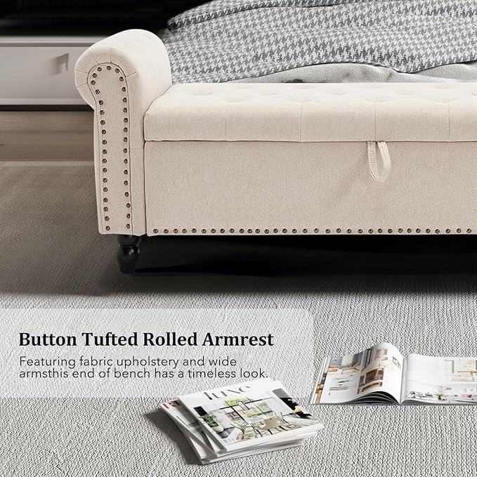 Furniliving 55” End of Bed Bench, Bedroom Bench with Button-Tufted, Large Upholstered Storage Ottoman Entryway Bench with Storage Shoe Cabinet Bench, for Bedroom, Linen, Camel