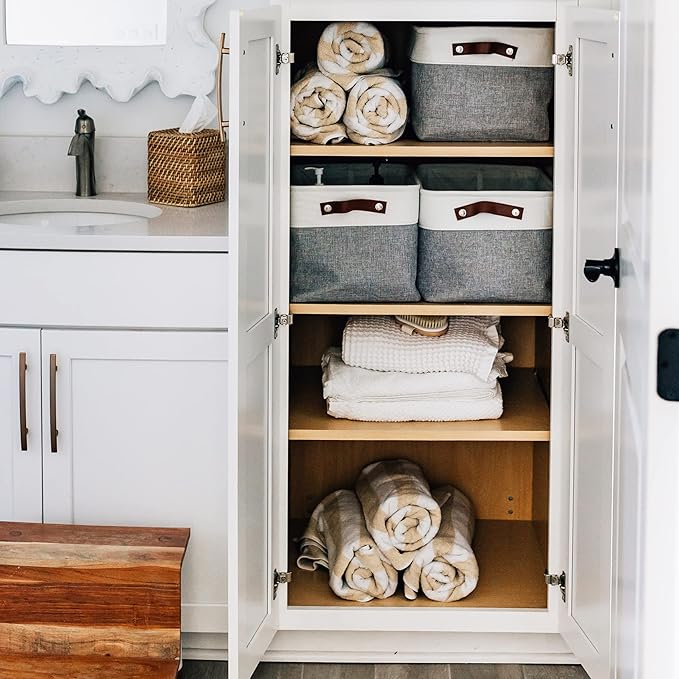 OrganiHaus Large Fabric Storage Baskets for Shelves 3 Pack, 15x11in Closet Storage Bins for Shelves, Cloth Baskets for Organizing, Linen Closet Organizers, Fabric Basket, Gray/White