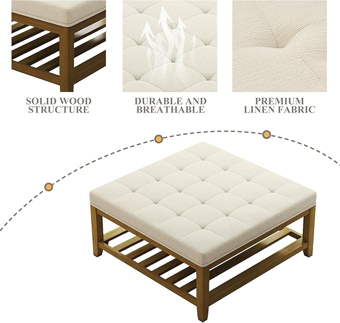 Large Square Ottoman Coffee Table, Linen Solid Upholstered Footrest Ottoman with Solid Wood Shelf Storage Tufted Coffee Table for Bedroom Living Room, Ivory
