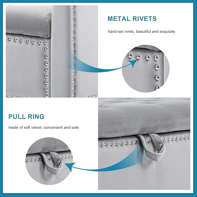 Storage Ottoman Bench, Velvet Upholstered Footstool for Bedroom and Living Room, Tufted Seat with Storage, Wooden Legs & Metal Rivets, Grey