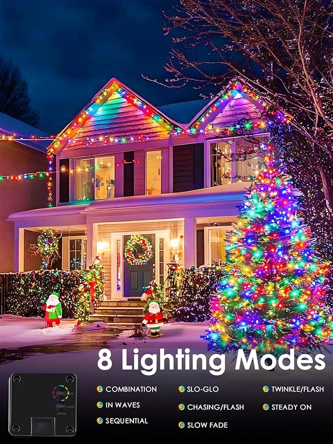2pk Multi-Colored Solar Christmas Lights Outdoor Waterproof, 200 LED 66 FT Solar Powered LED String Lights Green Wire with 8 Modes, Solar Fairy Lights for Xmas Tree Party Wedding Garden Decorations