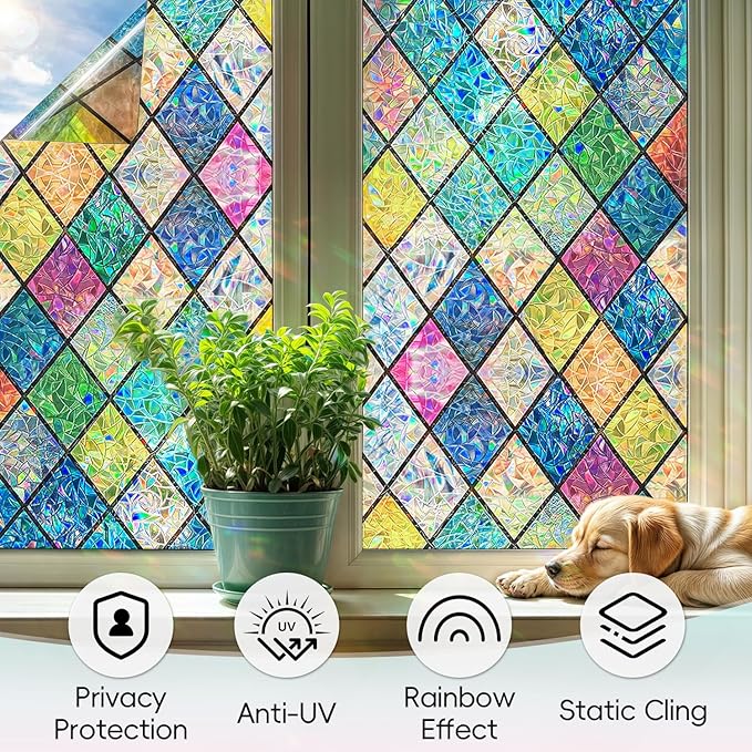 DUOFIRE Stained Glass Window Film Decorative Window Privacy Film Rainbow Diamond Grid Colorful Lattice Windows Cling Anti UV Static Cling Reusable Windows Decal for Home 23.6×78.7 inch
