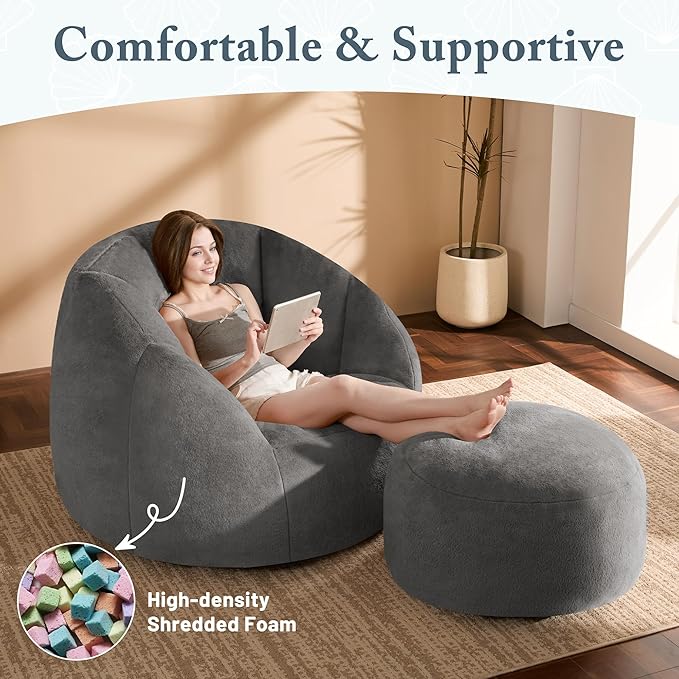 Giant Bean Bag Chaise Lounge Indoor Chair for Adults - Comfy Plush Round Shell Soft Accent Chair, Oversized Cozy Floor Sofa for Living Room, Bedroom & Game Rooms, Gray