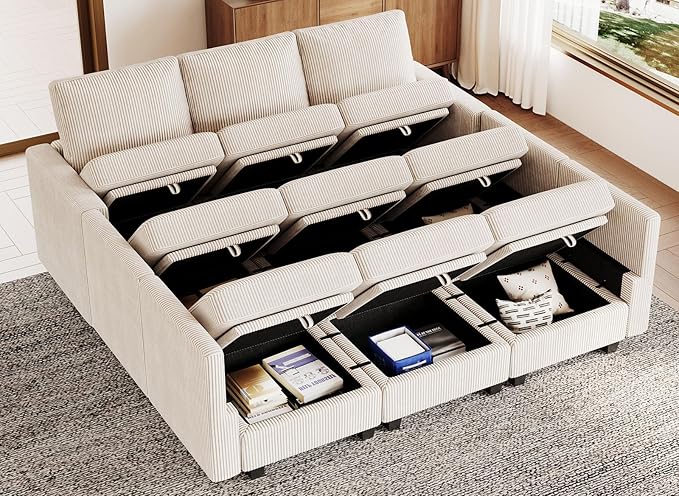 Belffin Corduroy Modular Sectional Sofa 9 Seat Convertible Sectional Sleeper Sofa Bed with Storage Ottomans Modular Sectional Couch Bed for Living Room Beige