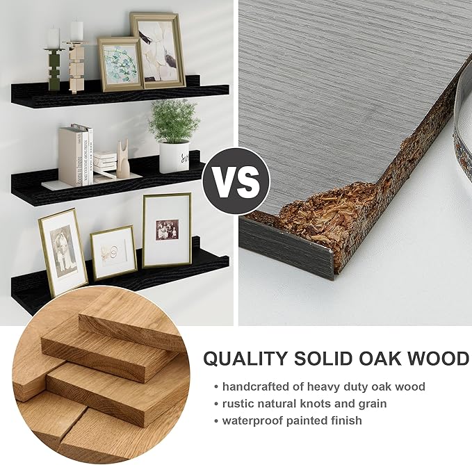 Floating Picture Ledge Shelves 55 Inch Solid Oak Wood Set of 2, Rustic Wall Storage Shelves with Lip, Kids Bookshelf, Photo & Picture Ledge Shelves for Bedroom, Living Room, Kitchen