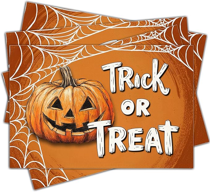 Halloween Pumpkin Placemats Set of 4, 12x18 Inch Trick Or Treat Table Mat, Washable Heat Resistant Place Mats for Kitchen Dining Table, Halloween Themed Decoration for Home-B06