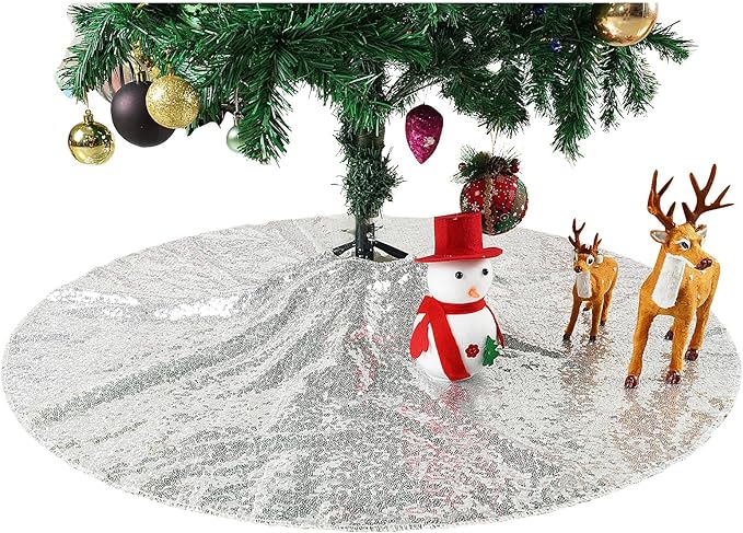 Eternal Beauty Christmas Tree Skirt, 50 Inch Silver Sequin Tree Skirt Small Xmas Tree Skirt for Christmas Tree Decorations