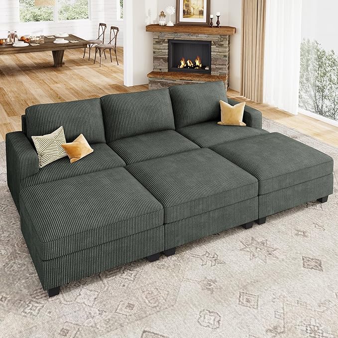 Nolany Corduroy Sectional Couch with Storage Ottoman, Sleeper Sectional Sofa with Chaise, Modular Sectional Couches for Living Room, Green