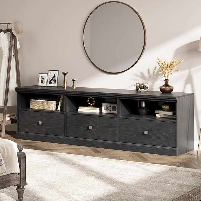 IDEALHOUSE 70in TV Stand for TVs up to 80", Mid Century Modern Entertainment Center with Storage Drawer and Open Shelves, TV Console Media Cabinet for Living Room, Bedroom, Black