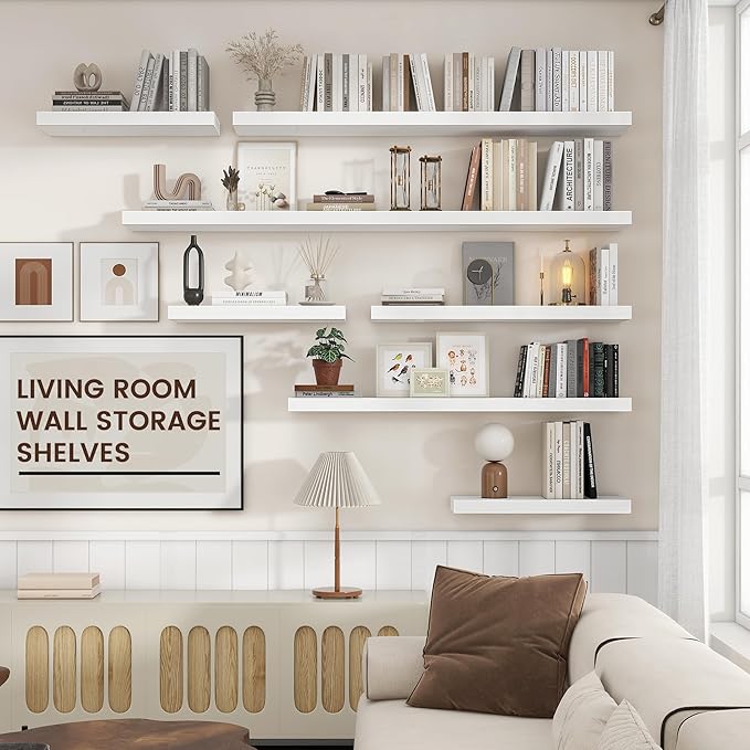 Floating Shelves for Wall, 2 Large Wall Mounted Shelves with Invisible Brackets, Long Wood Floating Wall Shelf Shelves for Living Room, Bedroom, Kitchen, (White, 48" W x 9" D x 1.5" H)