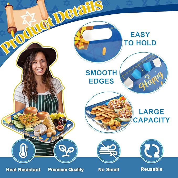 gisgfim 2Pcs Happy Hanukkah Serving Trays with Handles 16 x 11 Inch Large Melamine Tray Rectangular Jewish Chanukah Serving Platter Menorah Blue White Tray Melamine Dishes for Serving Dinner Dessert