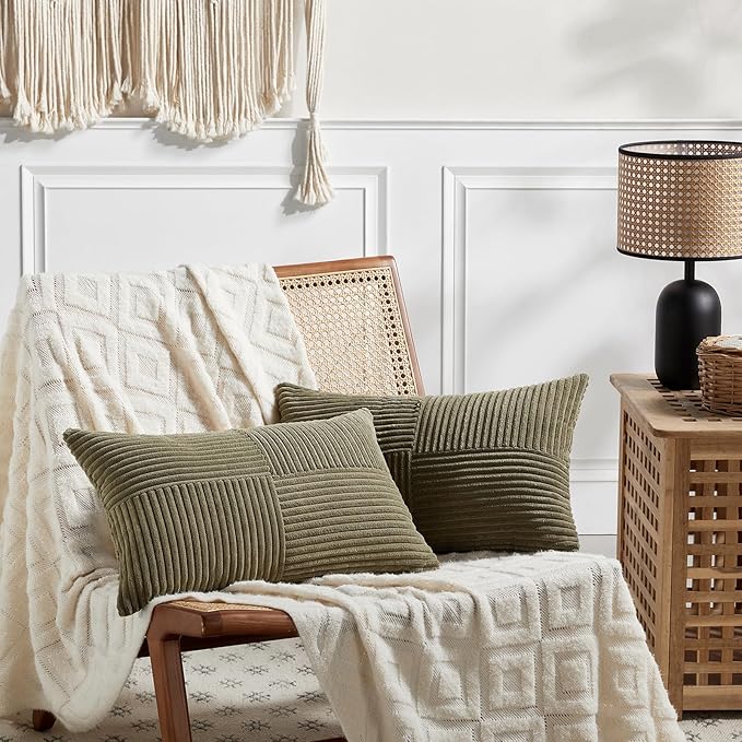 Fancy Homi 2 Packs Olive Green Long Lumbar Decorative Throw Pillow Covers 16x24 Inch for Couch Bed Sofa, Rustic Farmhouse Boho Home Decor, Soft Striped Corduroy Rectangle Accent Cushion Case 40x60 cm