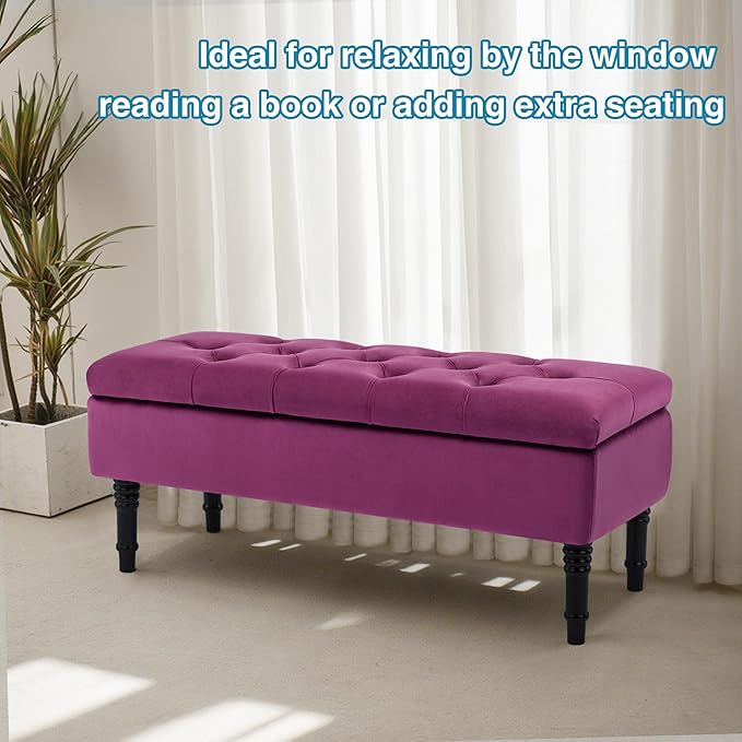 Ottoman with Storage Velvet Storage Bench Holds Up to 500 lbs Ottomans Upholstered Bench with Seating for Bedroom, Living Room, Purple
