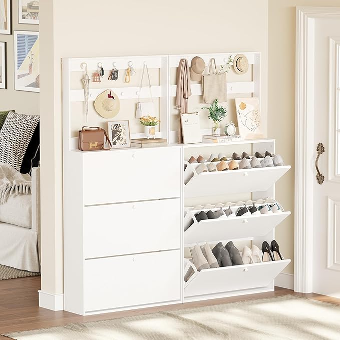 Shoe Cabinet Set of 2 with 3 Flip Drawers, Narrow Shoe Cabinet with 9 Hooks Coat Rack, Freestanding Shoes Storage Cabinets with Adjustable Shelves for Entryway, Hallway, Living Room, White