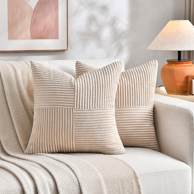 Fancy Homi 2 Packs Tan Samll Decorative Throw Pillow Covers 12x12 Inch with for Couch Bed Sofa, Rustic Farmhouse Boho Home Decor, Soft Corss Patchwork Corduroy Square Beige Cushion Case 30x30 cm