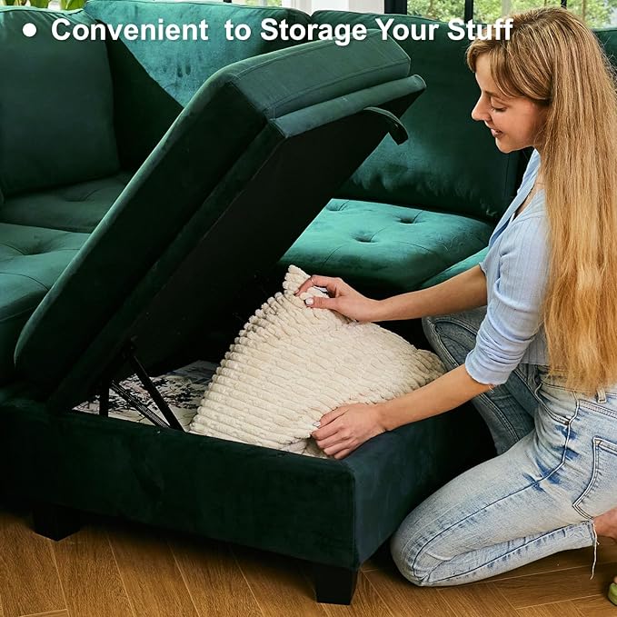 Belffin Modular Sectional Sleeper Sofa with Pull Out Bed U Shaped Sectional Sofa Couch with Storage Ottoman Velvet Covertible 7-Seater Sofa for Living Room Green