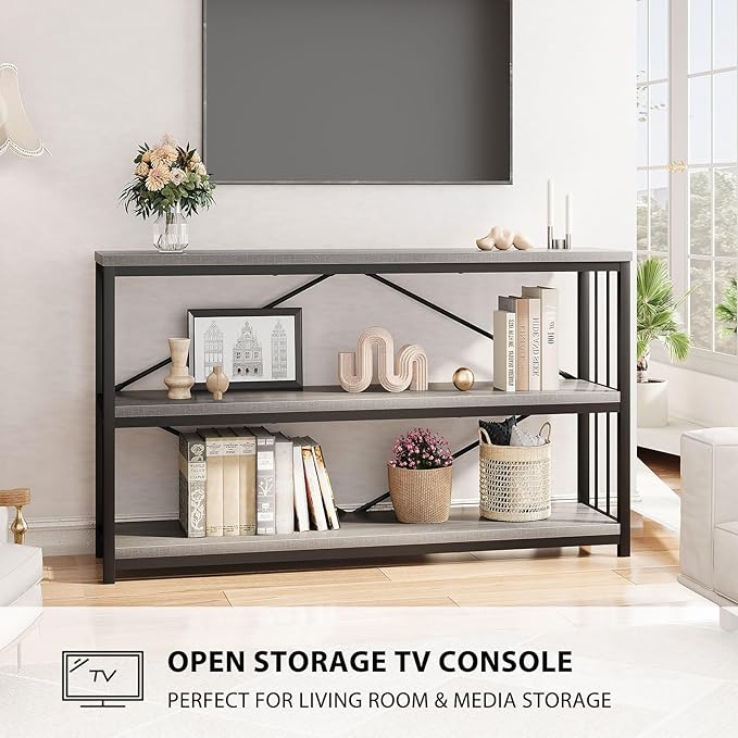 LVB Farmhouse Entryway Table, Metal Wood Console Table for Hallway, Industrial Rustic Sofa Table with 3-Tier Storage Shelf, Modern Entry Table for Foyer Front Home Living Room, Light Grey Oak, 47 inch