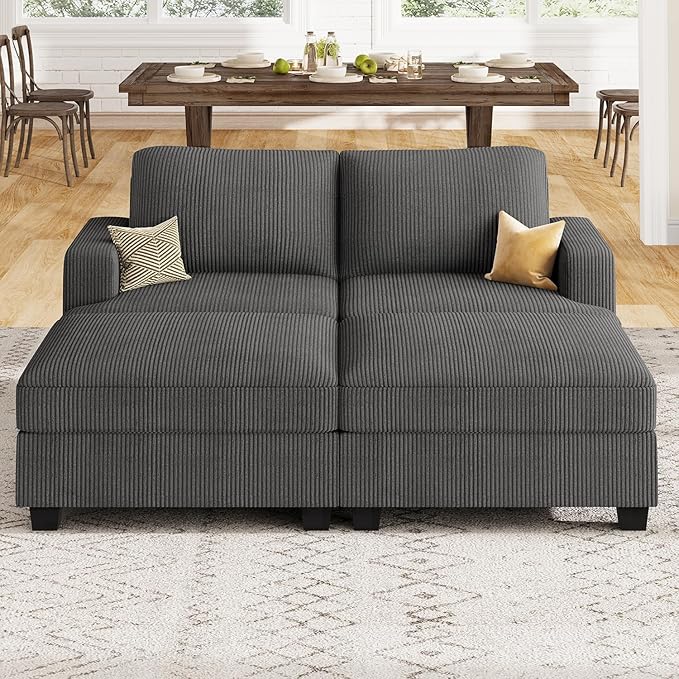 Nolany Corduroy Sectional Couch with Storage Ottoman, Sleeper Sectional Sofa, Modular Sectional Couches for Living Room, Dark Grey