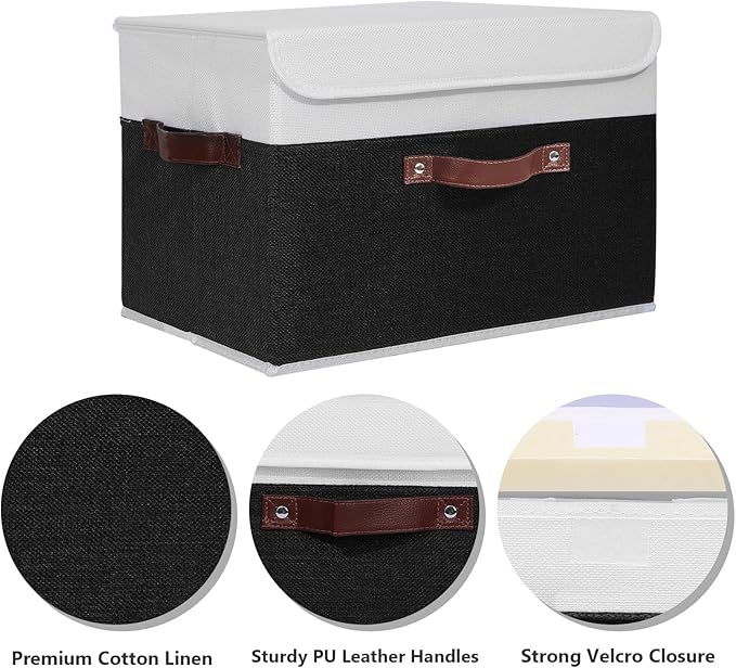 ANMINY 2PCS Storage Boxes with Lid Washable Decorative Storage Bins Basket with PU Leather Handle Foldable Linen Fabric Storage Cubes Containers for Home Closet Organizer - Black White, Large Size