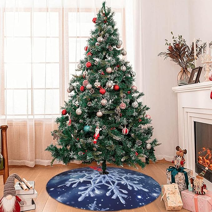 36" Blue Snowflakes Christmas Tree Skirt, Tree Mat Base Cover for Xmas Festive Holiday Party Decoration Ornaments