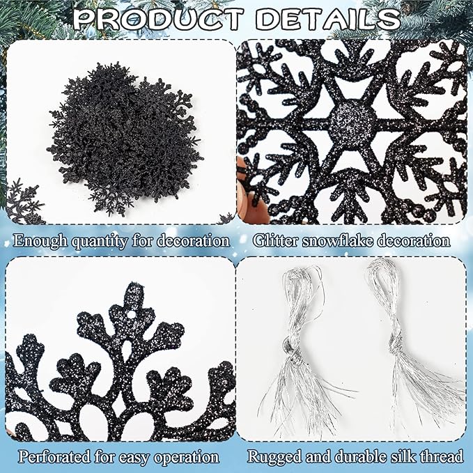 36pcs Black Christmas Snowflake Ornaments, Plastic Glitter Hanging Snow Flakes for Christmas Tree Decorations Winter Wonderland Frozen Birthday Party Holiday Home Decor Craft Snowflakes