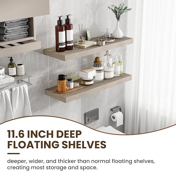 36 Inch Floating Shelves, 11.6 Inch Deep Floating Shelves for Wall, Floating Shelf with Invisible Brackets, Deep Shelves for Bathroom, Bedroom, Living Room, 2 Pack, Vintage Gray Oak