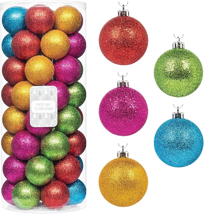 Every Day is Christmas Ornaments, Shatterproof Christmas Tree Ornament Set, Christmas Balls Decoration 50 Count (2.24"/57mm, Glitter Rainbow)