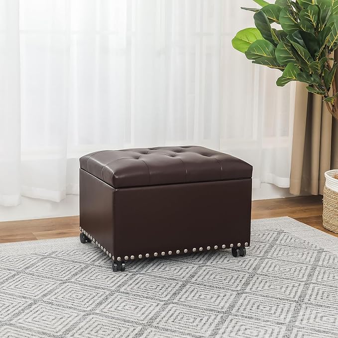Joveco Leather Storage Ottoman with 360° Wheels 24" Rolling Foot Rest Bench Rectangle Ottomans Stool for Living Room Bedroom (Brown, Wheels)