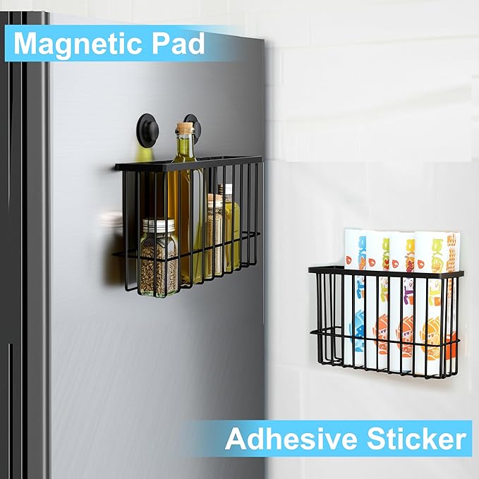 Magnetic Basket for Fridge, Magnetic Basket, Foil and Plastic Wrap Organizer with 4 Caddy Adhesive Stickers, Cabinet Storage Basket for Kitchen Wrap Food Bag Storage, Black, 2 Pack