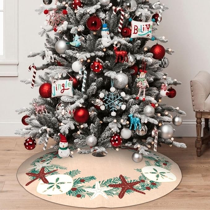 48" Large Christmas Tree Skirt, Coastal Rustic Beach Christmas Holiday Starfish Pattern Tree Mat Base Cover for Xmas Festive Holiday Party Decoration Ornaments
