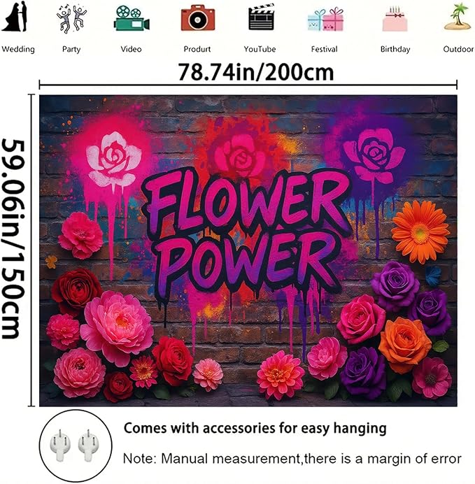 Starlit Patio Flower Power Blacklight Tapestry UV Reactive Wall Hanging Graffiti Brick Wall Roses Spray for Bedroom Dorm Living Room Glowing Retro Aesthetic Decor Fluorescent Trippy Poster 78 x 59 Inc