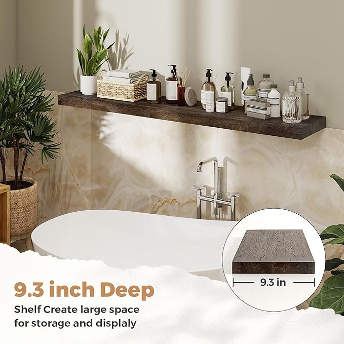 RICHFOCUS Elm Floating Shelves for Wall - 48" W x 9.3" D Rustic Solid Wood Shelves with Invisible Bracket, Wall-Mounted for Living Room, Bedroom, Kitchen Storage & Display, Set of 1, Walnut